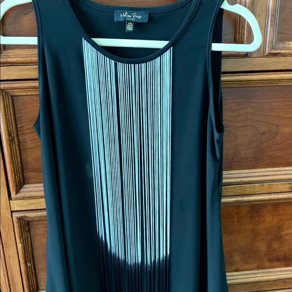 Melissa Paige Petite top w/ black, white & silver tassels giving an hombre look